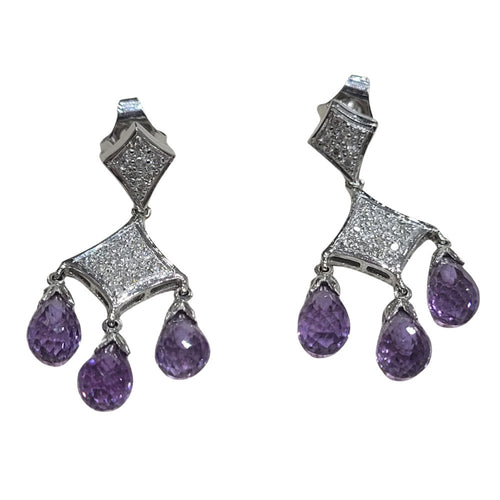 Brincos briolette em ouro branco 18k, ametistas e diamantes 