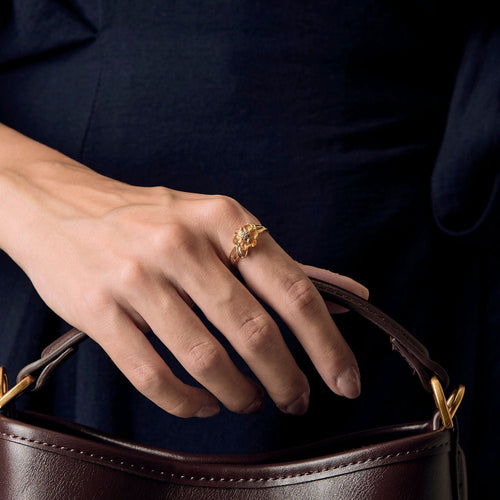 Prsten Květina ze žlutého zlata, citríny a diamant 