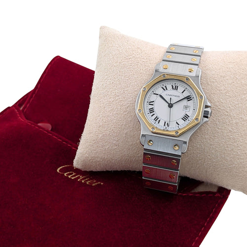 Montre Cartier Santos Round Octagon Date 2966 Large Octogonale Gold Stainless Steel 58 Facettes