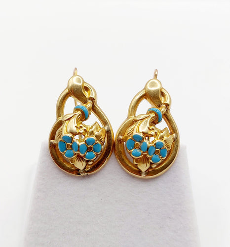 Cercei dormeuse victoriană aur 18k flori și email albastru (circa 1890) 