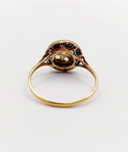 Bague 59 Bague cible Art déco en or 18k, diamants et saphirs synthétiques 58 Facettes A06447
