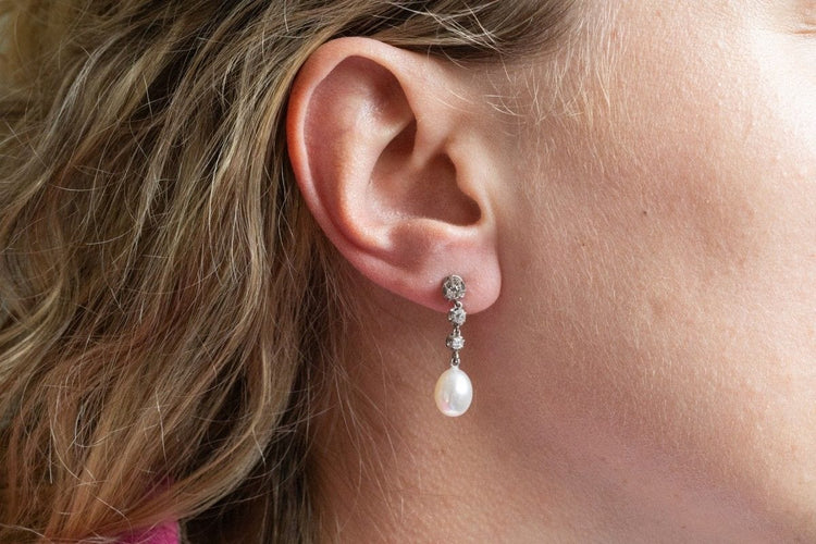 Boucles d'oreilles Boucles d'oreilles vintage classiques avec diamants et perles, première moitié du XXe siècle 58 Facettes 11391