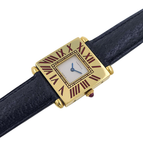 Montre Rarity Cartier Quadrant Burgundy Enamel Full Set Large Model A102 Ruby Obus 1987 1984 58 Facettes