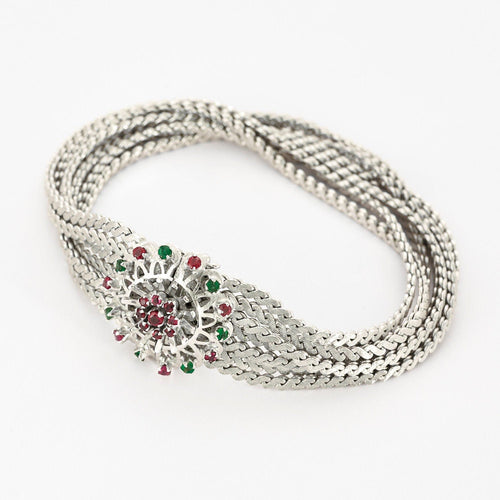 Bracelet Bracelet Ancien Or Blanc 14K Rubis et Emeraudes 58 Facettes