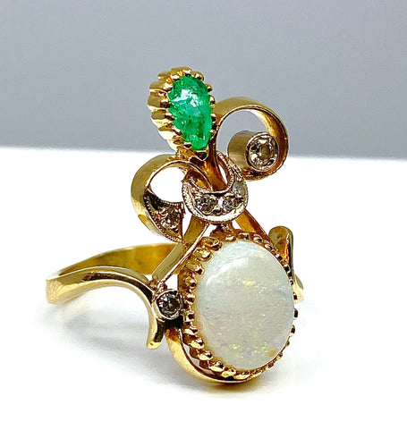 Bague 56 Bague 2 Ors Opale Emeraude Diamants 58 Facettes AB226
