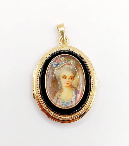 Pendentif Pendentif porte photo antique or rose 18k miniature demoiselle et onyx (circa 1900) 58 Facettes A05940