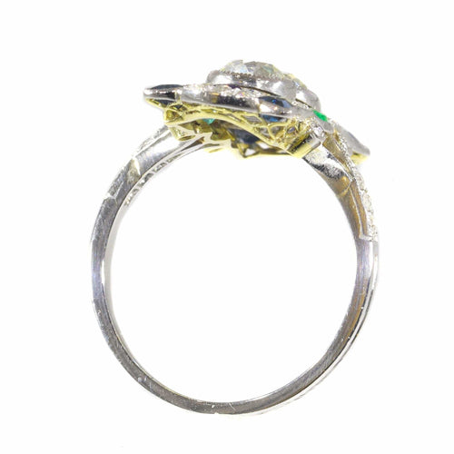 Bague 58 Dévotion Déco : Une bague de fiançailles en platine et or des années 1920 avec diamants et saphirs 58 Facettes 21316-0744