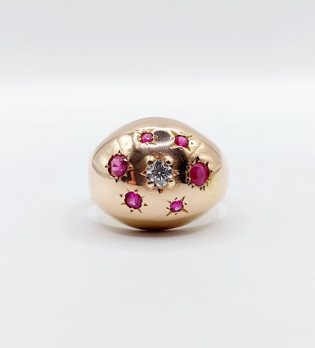 Bague 53 Bague dôme bombé art déco en or rose et diamant et rubis 58 Facettes A05230