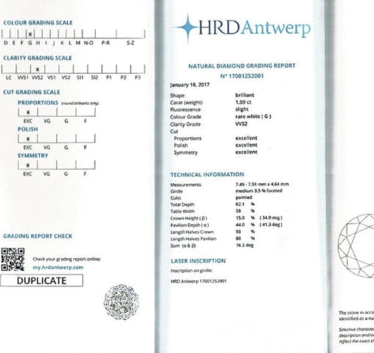 Pierścionek z jednym kamieniem z białego złota używany, diament o szlifie brylantowym 1,59 karata 