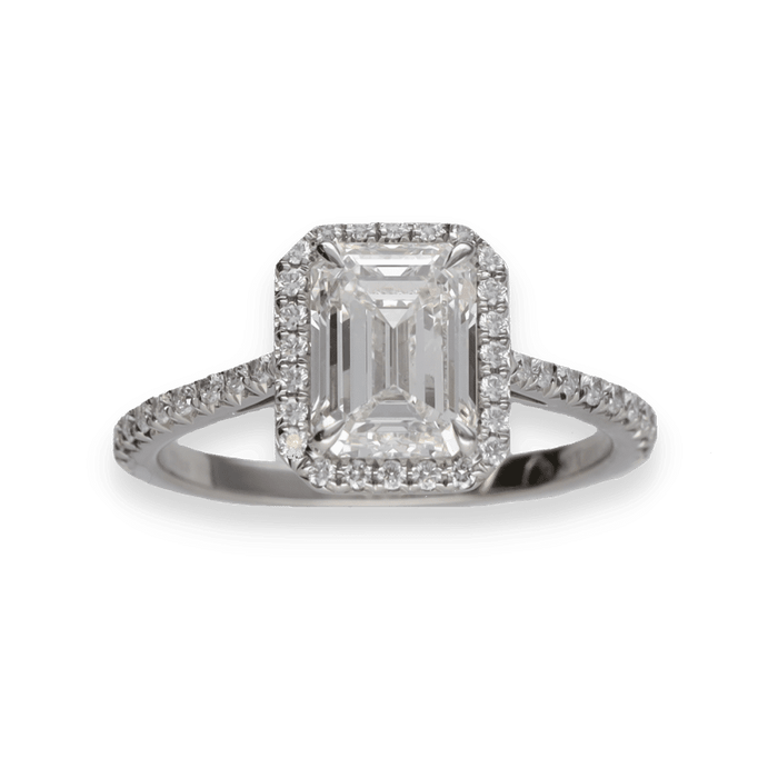 Bague 50 Tiffany & Co - Bague Solitaire "Soleste Halo" Diamant taille émeraude platine 58 Facettes