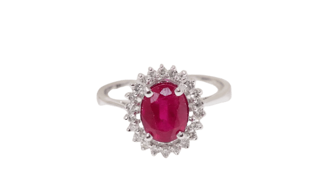 Bague 59.5 Bague marguerite en or blanc, rubis et diamants 58 Facettes 4833