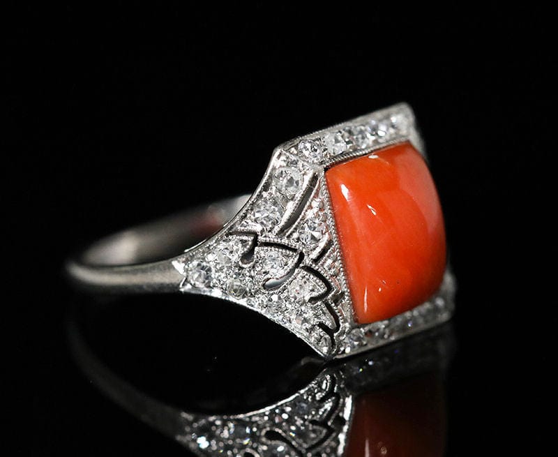 Bague 51 Bague ancienne Art Déco 1930 platine diamants corail 58 Facettes