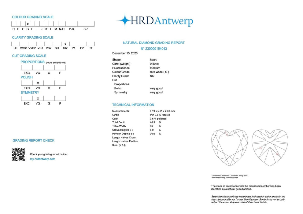 Gemstone Diamant 0,50ct taille cœur certifié HRD 58 Facettes