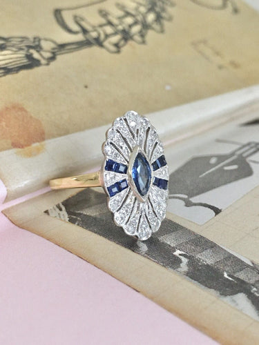 Bague 50.5 Bague Art Déco pavée en or jaune 18K et platine, saphirs et diamants 58 Facettes