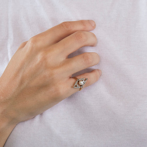 Bague 48 Bague or jaune et gris perle et diamants 58 Facettes GU54