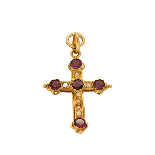 Pendentif Pendentif "Croix" en or jaune et grenats 58 Facettes ALE44232
