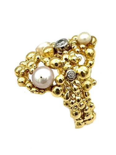 Bague 51 GILBERT ALBERT. Bague or jaune 18K, perles et diamants 58 Facettes
