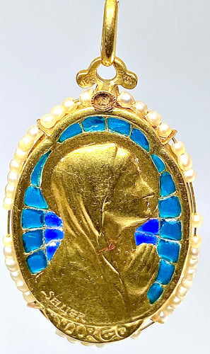 Pendentif Médaille vierge émail perles fines signée SELLIER 58 Facettes AB164