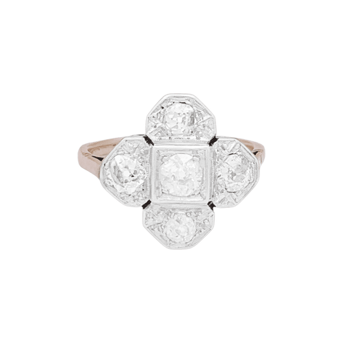 Anillo ART DÉCO diamantes talla antigua, oro amarillo, platino. 