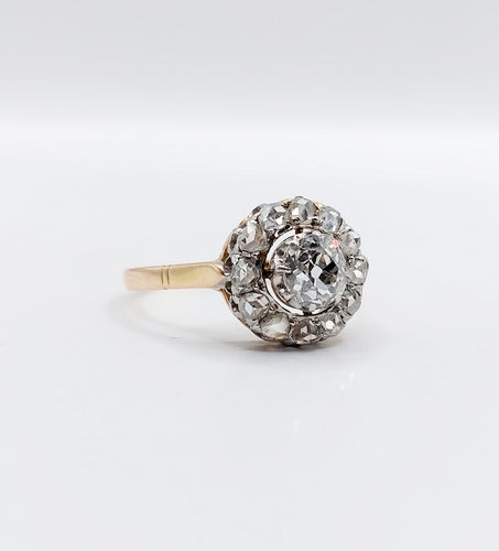 Antik ring Prästkrage i 18k roséguld och Platina, gamla slipade diamanter 