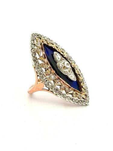 Prsten Belle Époque markýzové zlato a Stříbro, staré diamanty 