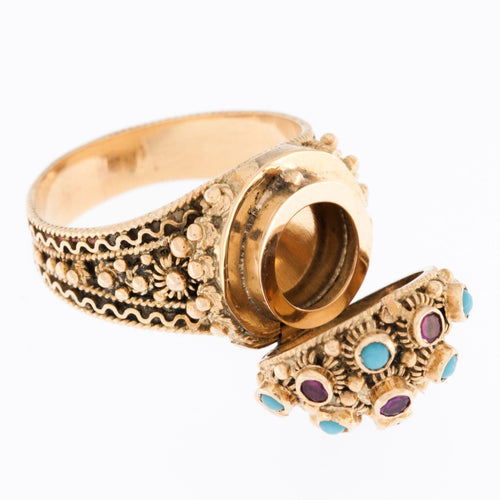 Bague 60.5 Bague Art Déco or jaune 19 carats, turquoise et rubis 58 Facettes