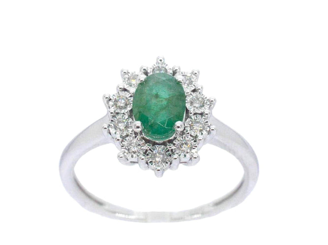 Bague 54 Bague entourage en or blanc avec émeraude et diamants 58 Facettes 2347