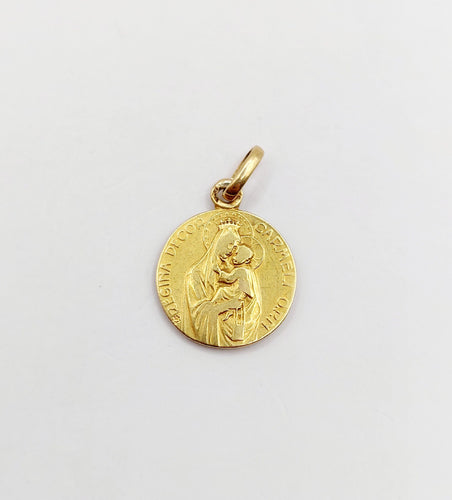 Pendentif Médaille religieuse vintage or jaune double face Notre Dame du Mont Carmel 58 Facettes A05604