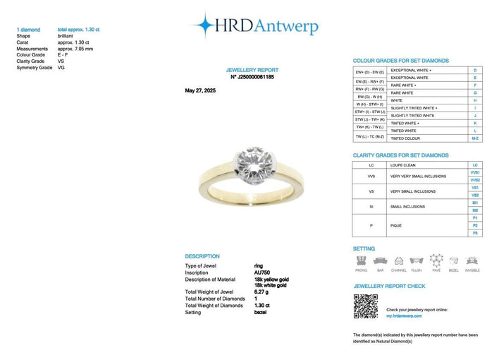 Bague 54 Bague solitaire certifiée HRD en or jaune et blanc avec diamant naturel de 1,30 ct 58 Facettes