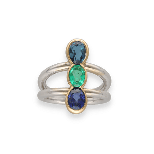 Bague 57 Bague Trilogie – Or Gris & Jaune 18k – Émeraude, Saphir & Topaze – Taille 57 – Vers 2000 58 Facettes FB11085
