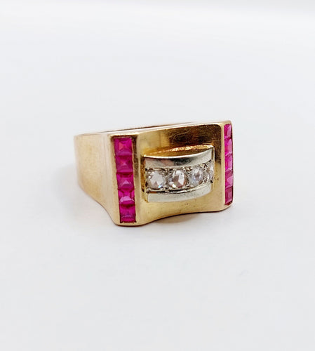 Bague 52 Bague tank Art déco en or rose 18k avec diamants et rubis synthétiques 58 Facettes A06536