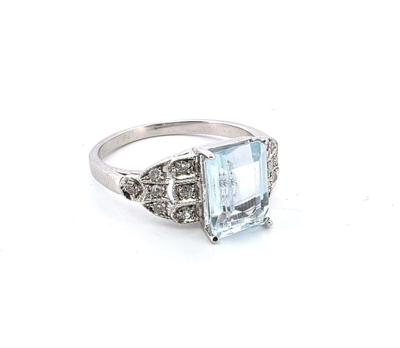 Vintage-Ring aus Weißgold mit Aquamarin 2,40 ct und Diamant 0,25 ct
