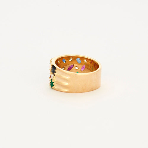 Bague Bague vintage en or jaune sertie de diamants, saphirs, rubis et émeraude. 58 Facettes