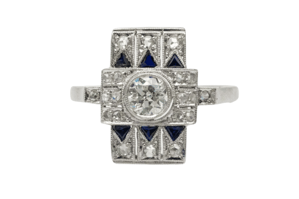 Bague 59 Bague géométrique ornée de diamants et de saphirs de style Art déco 58 Facettes 10728