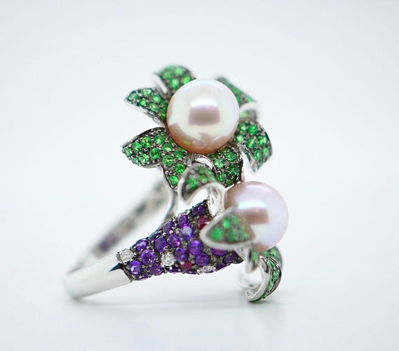 Bague 56 Bague Cocktail Perle Émeraude Améthyste Diamants Rubis 58 Facettes