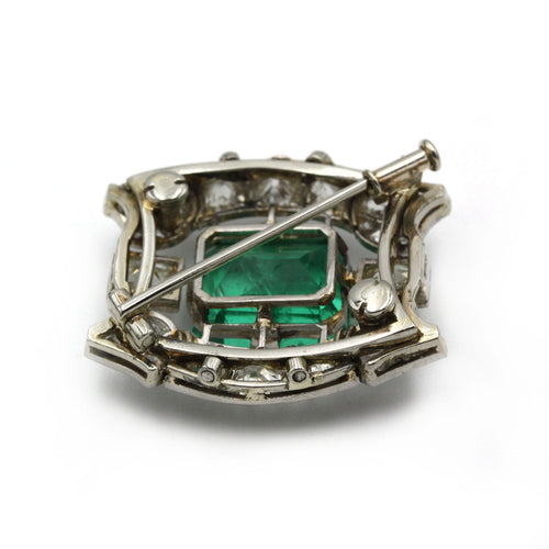 Art deco brosje i gull og Platina, colombiansk smaragd 9,45 karat gamle slipte diamanter 