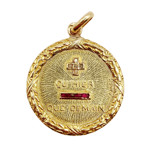 RAR Pandantiv medalie de dragoste AUGIS 22mm aur 18k diamant și rubin : "+ decât ieri - decât mâine" (circa 1930) 