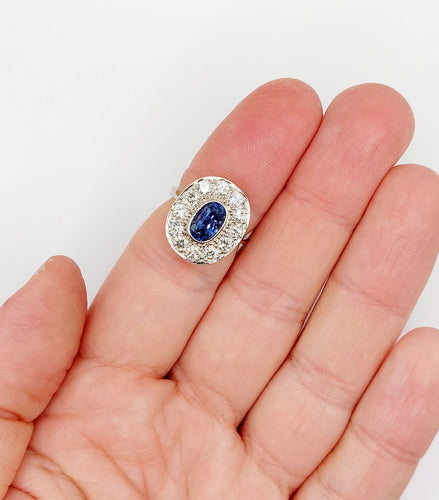 Pompadour-ring Art Deco i 18k hvidguld, syntetisk safir og diamanter 