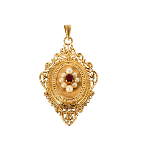 Pendentif Pendentif porte photo or jaune, perle de culture et rubis de synthèse 58 Facettes CHAL01994