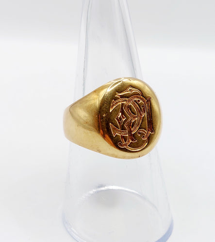 Bague 55 Chevalière antique or jaune monogrammée RC 58 Facettes A05722