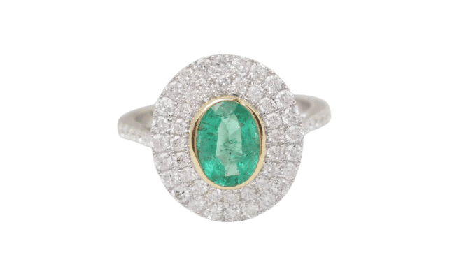 Bague 54 Bague double entourage en or bicolore, émeraude ovale et diamants 58 Facettes 32849