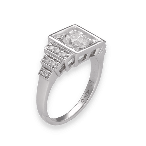 Bague 52 Solitaire style Art Deco en or gris 18K avec diamant 1,00 ct H-IF HRD et pavage - Taille 52 58 Facettes FB09264-FB09217