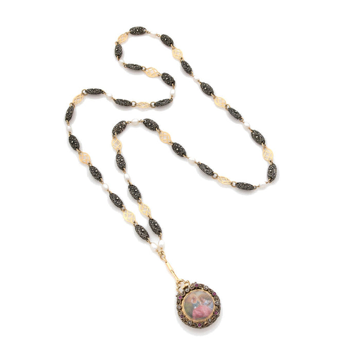 Orologio a catena lunga e da tasca, XIX secolo, oro e argento, miniatura