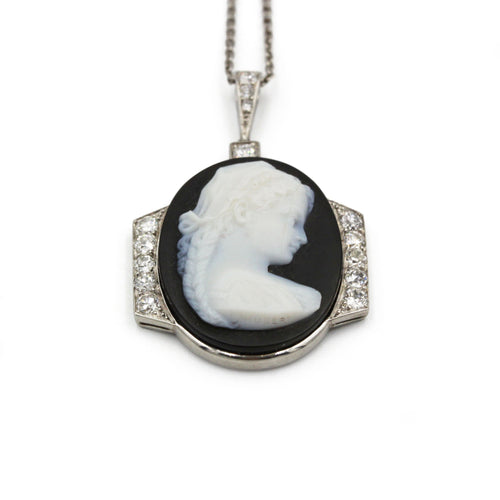 Halskette Anhänger Art Deco - Platin, Diamanten & Kamee Onyx 