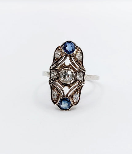 Ring 55 Marquise-Ring Art Deco aus 14k Weißgold mit Diamanten, Saphiren 58 Facettes A06615