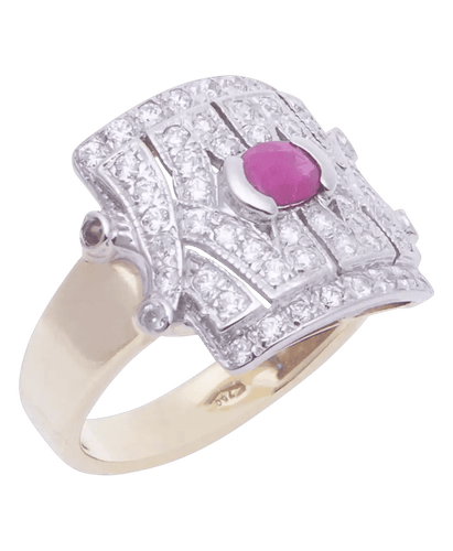 Bague Notre Dame or jaune 18K rubis diamants