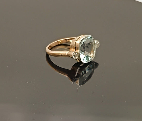 Bague 54 Bague vintage aigue-marine coussin et diamants en or rose 18k 58 Facettes