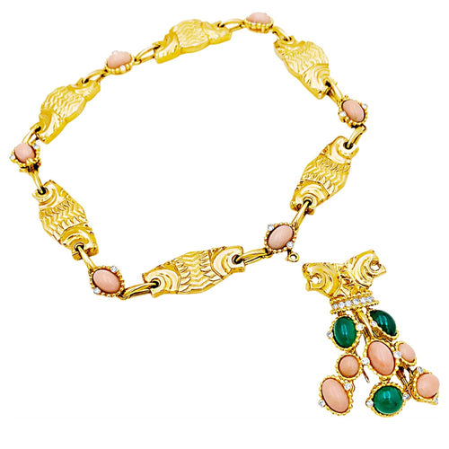 Boucles d'oreilles Demi-parure "Lions" transformable, or jaune, diamants, corail, chrysoprase. 58 Facettes 35286