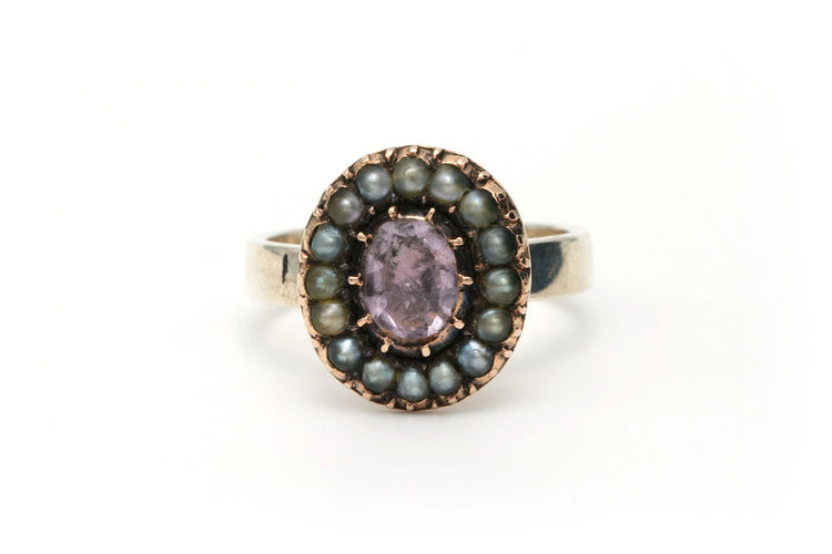 Bague 50 Bague Napoléon III en or jaune et argent sertie d'une tourmaline et de perles 58 Facettes B562