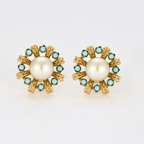Boucles d'oreilles Boucles d'oreilles perles et turquoises en or jaune 58 Facettes